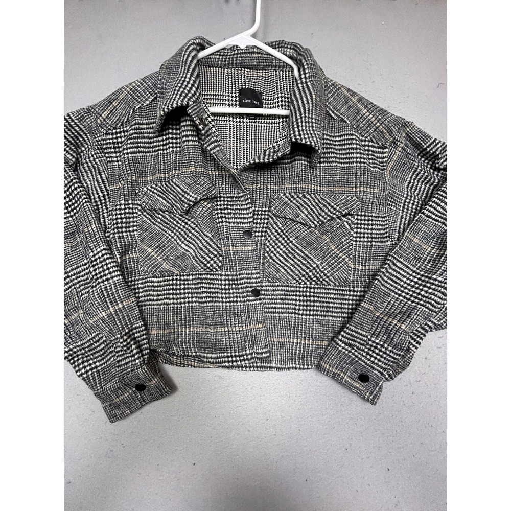 Love Tree Cropped Shacket Polyester Blend Plaid Black White Large Womens
